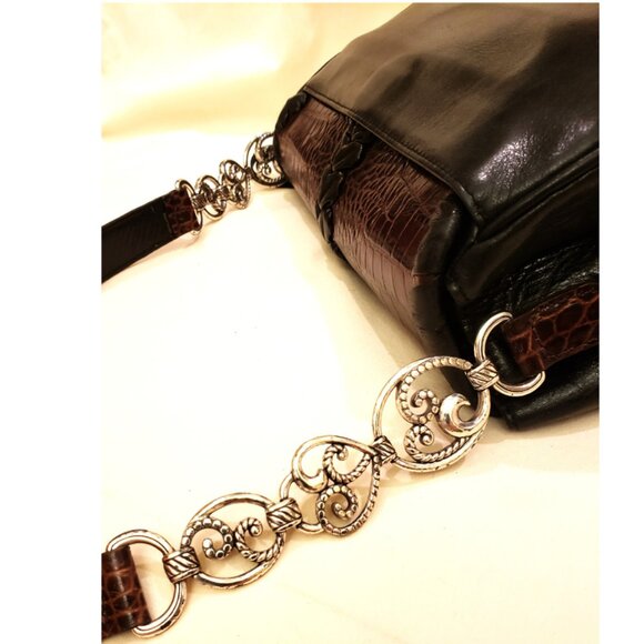 BRIGHTON Handbag/Shoulder Bag Brown Alligator Embossed Leather/Black Trim - Picture 13 of 14